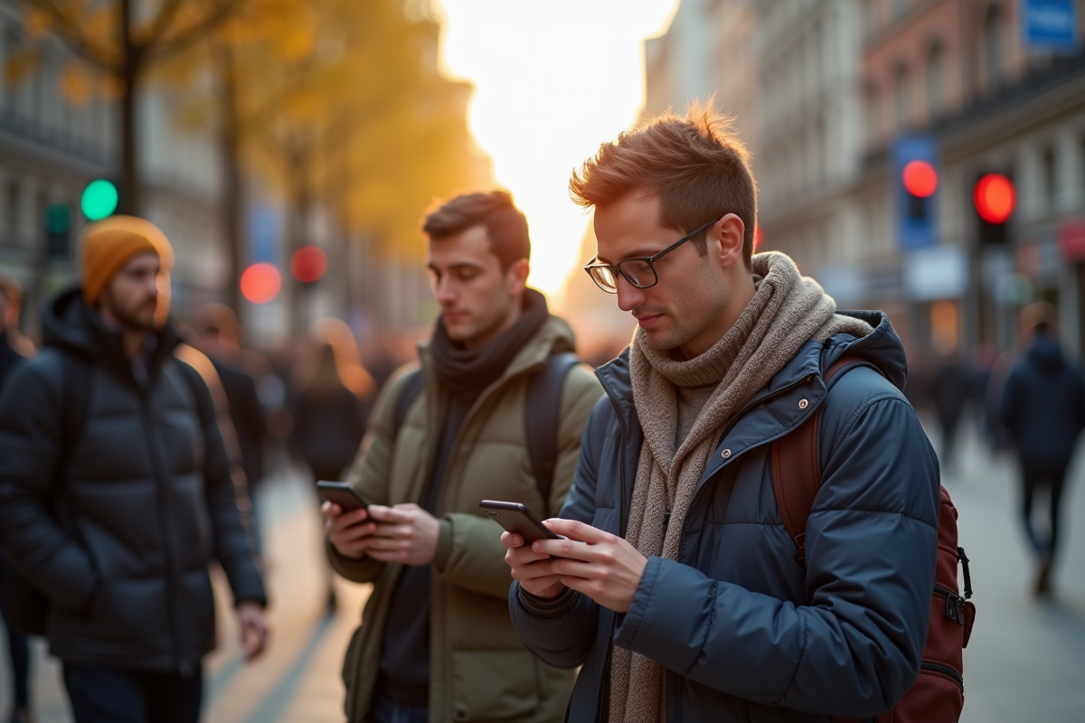 Groupe de navetteurs utilisant leurs smartphones dans la rue ensoleillee