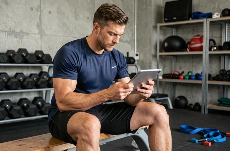 Sportif consultant un plan d'entraînement structuré sur tablette dans une salle de sport moderne