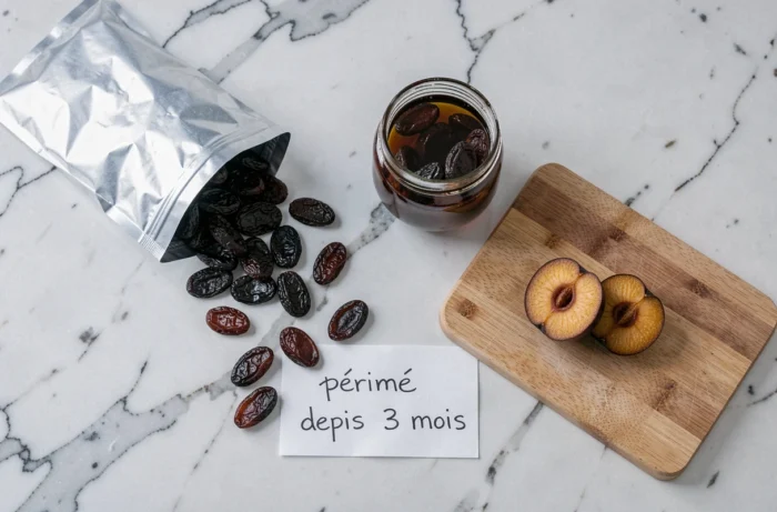 Vue à plat de pruneaux périmés, pruneaux en bocal et coupe transversale de pruneaux sur un comptoir en marbre blanc avec note manuscrite