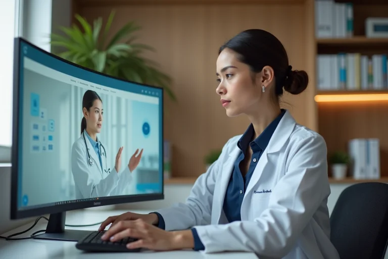 Professionnelle de santé consultant des ressources médicales en ligne sur un grand écran d'ordinateur dans un bureau médical moderne