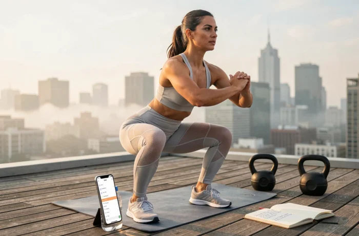 Femme réalisant des squats en extérieur en suivant un programme de sport en ligne sur smartphone