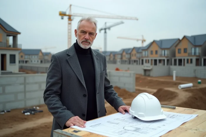 Promoteur immobilier masculin sur un chantier de construction résidentielle examinant des plans d'architecture en 2024