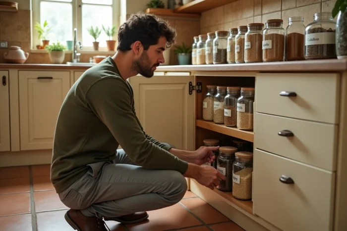 Homme rangeant des aliments secs dans des bocaux en verre étiquetés à la main dans un garde-manger de cuisine organisé