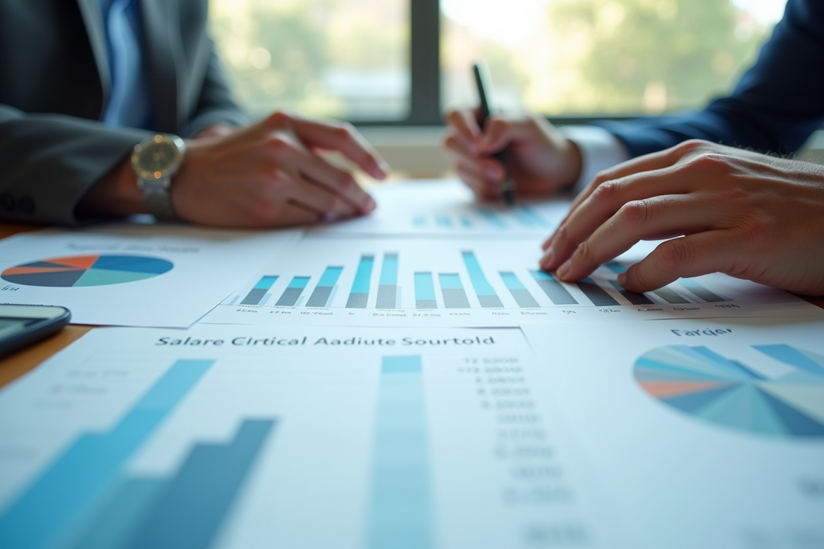 Détails de rapports financiers et graphiques de salaire sur un bureau