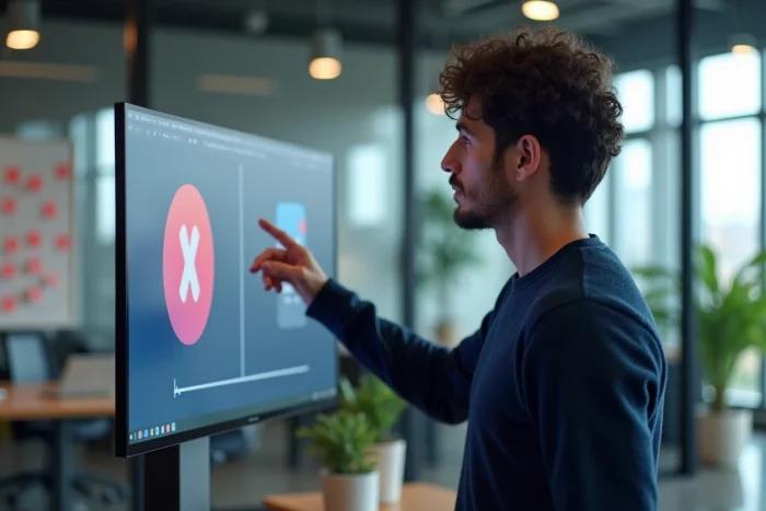 Développeur présentant le nouveau logo et le changement de nom d'une plateforme numérique sur un grand écran de bureau