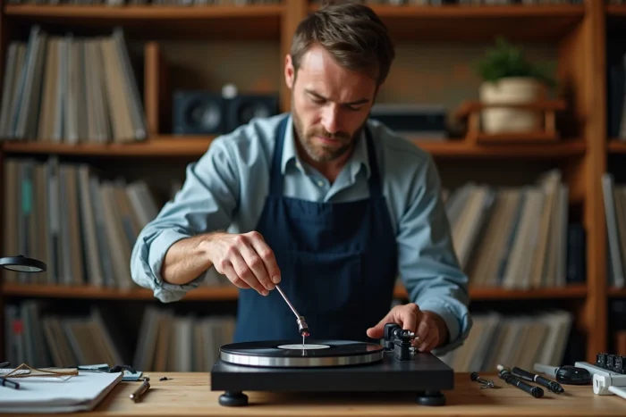Technicien remplaçant le diamant de platine Marley sur une platine vinyle dans un atelier audio