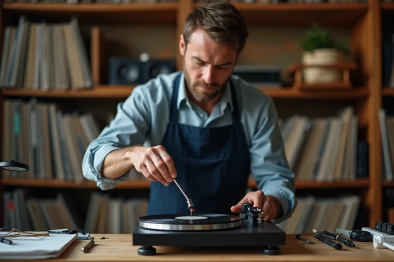 Technicien remplaçant le diamant de platine Marley sur une platine vinyle dans un atelier audio