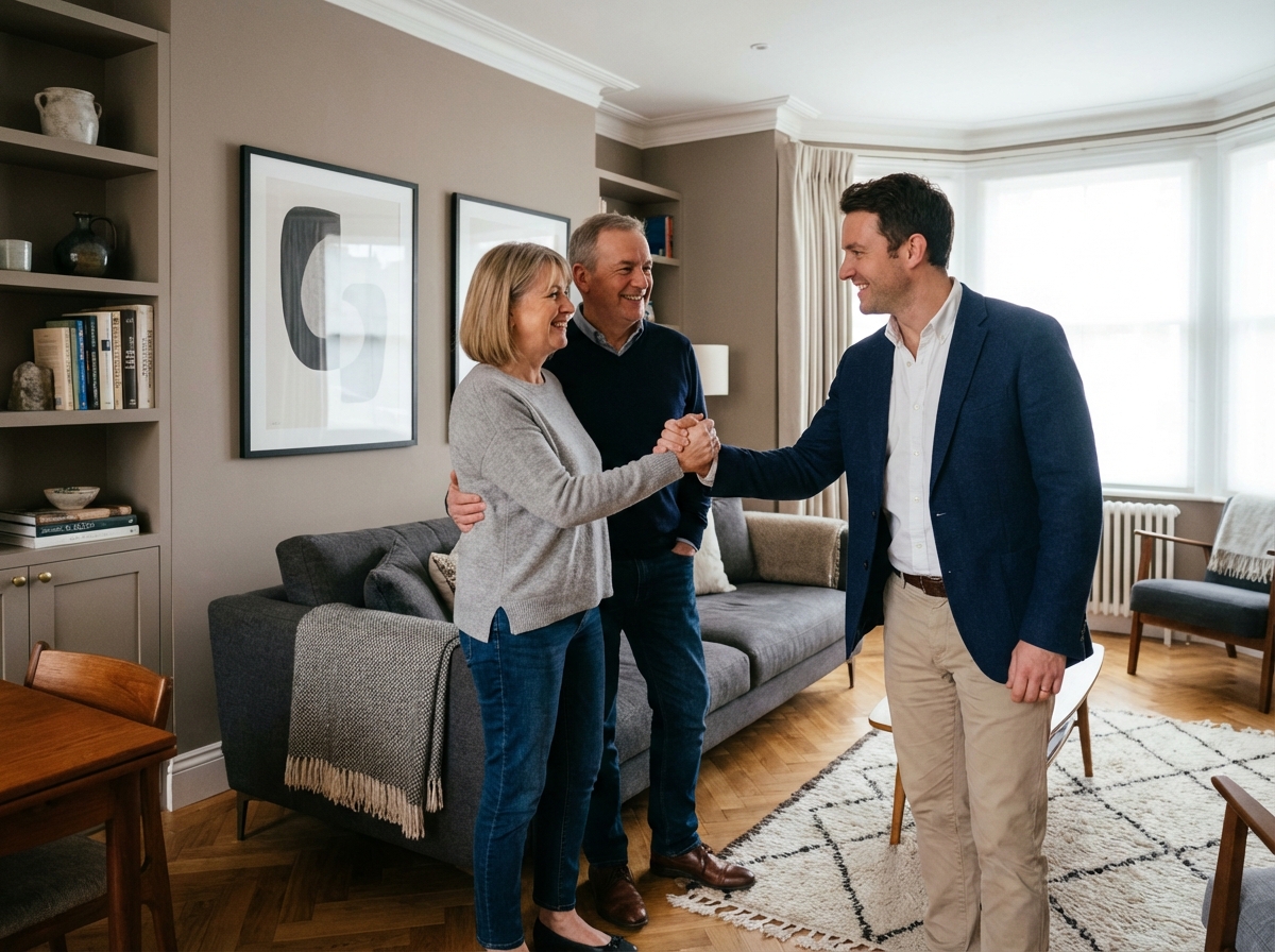 Designer saluant un couple dans un salon neuf et élégant