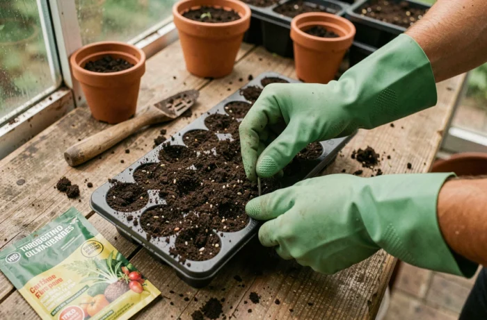 Gros plan de mains gantées repiquant des semis dans un bac de terreau sur un établi de jardinage en serre