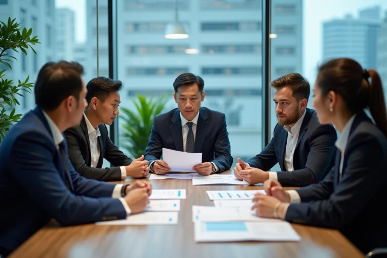 Groupe de professionnels discutant autour d'une table de réunion