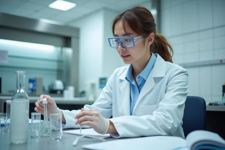Scientifique analysant des produits innovants en laboratoire pour démêler mythe et réalité