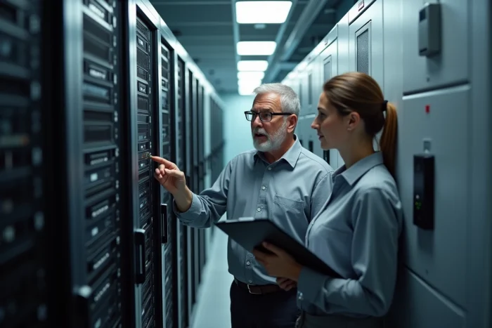 Responsable informatique et collègue vérifiant la sécurité du système de données dans la salle serveur d'un établissement Domusvi