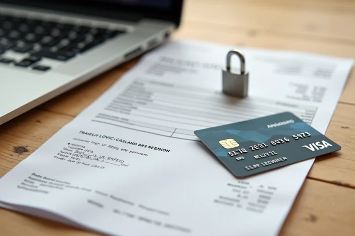 Vue de dessus d'un ordinateur portable, d'une carte de crédit et d'un cadenas symbolisant la sécurité des paiements en ligne