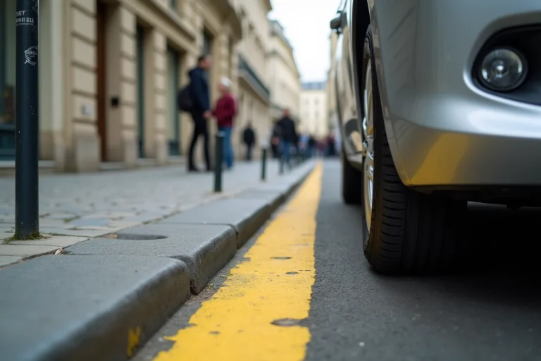 Voiture garée sur une bande jaune en bord de trottoir dans une rue parisienne