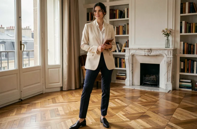 Femme élégante en blazer crème et pantalon marine dans un appartement parisien au style intemporel