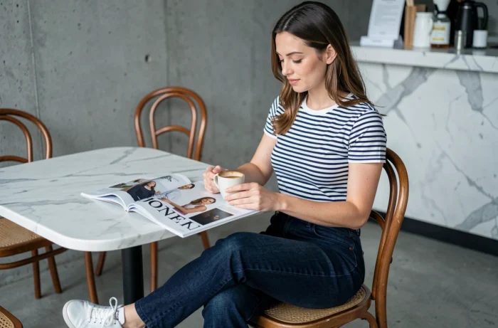 Femme en marinière et jean dans un café minimaliste illustrant un style chic et quotidien intemporel