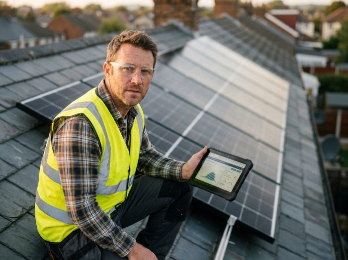Technicien installant et vérifiant des panneaux solaires sur un toit résidentiel avec une tablette numérique