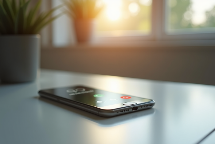 Smartphone sur un bureau moderne en plein soleil affichant un appel inconnu