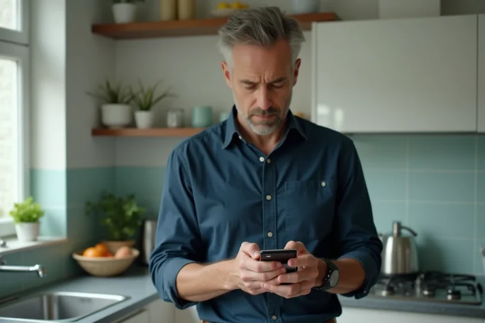 Homme vérifiant une confirmation de paiement en ligne sur son smartphone dans une cuisine